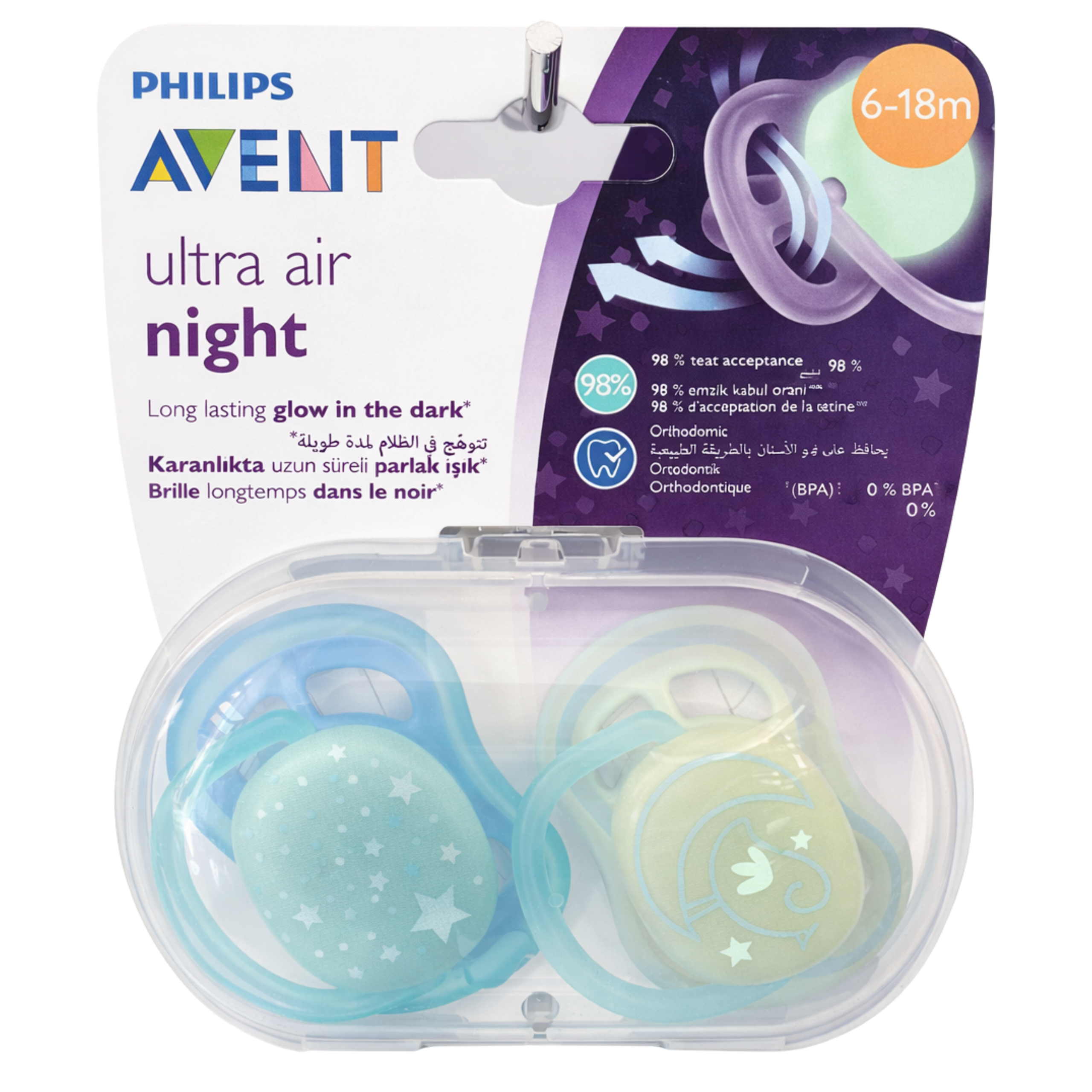 Philips Avent Lot de 2 sucettes ultra air night time garcon 6-18m