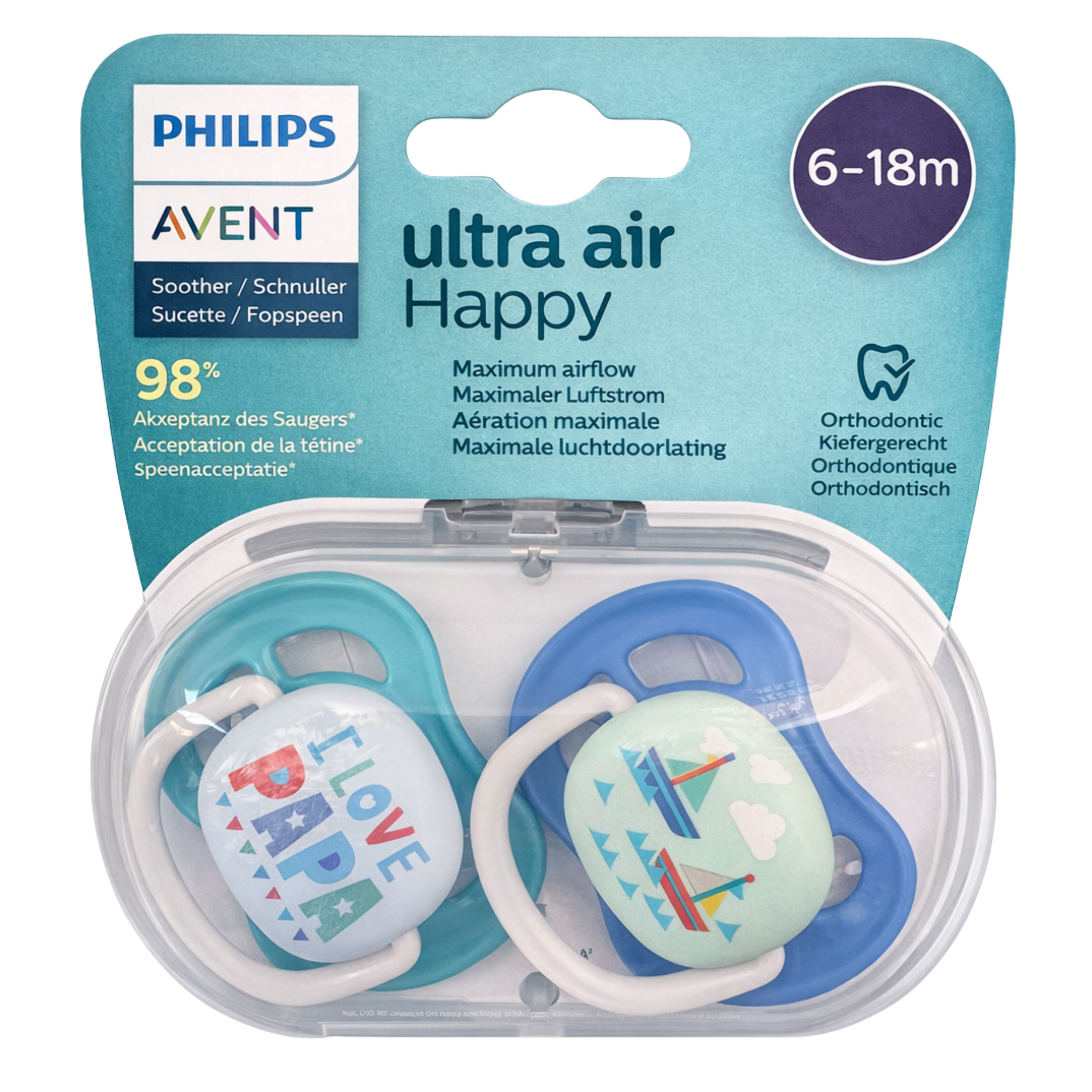 Avent Set of 2 Orthodontic Pacifiers Ultra Air Happy 6-18m Boy