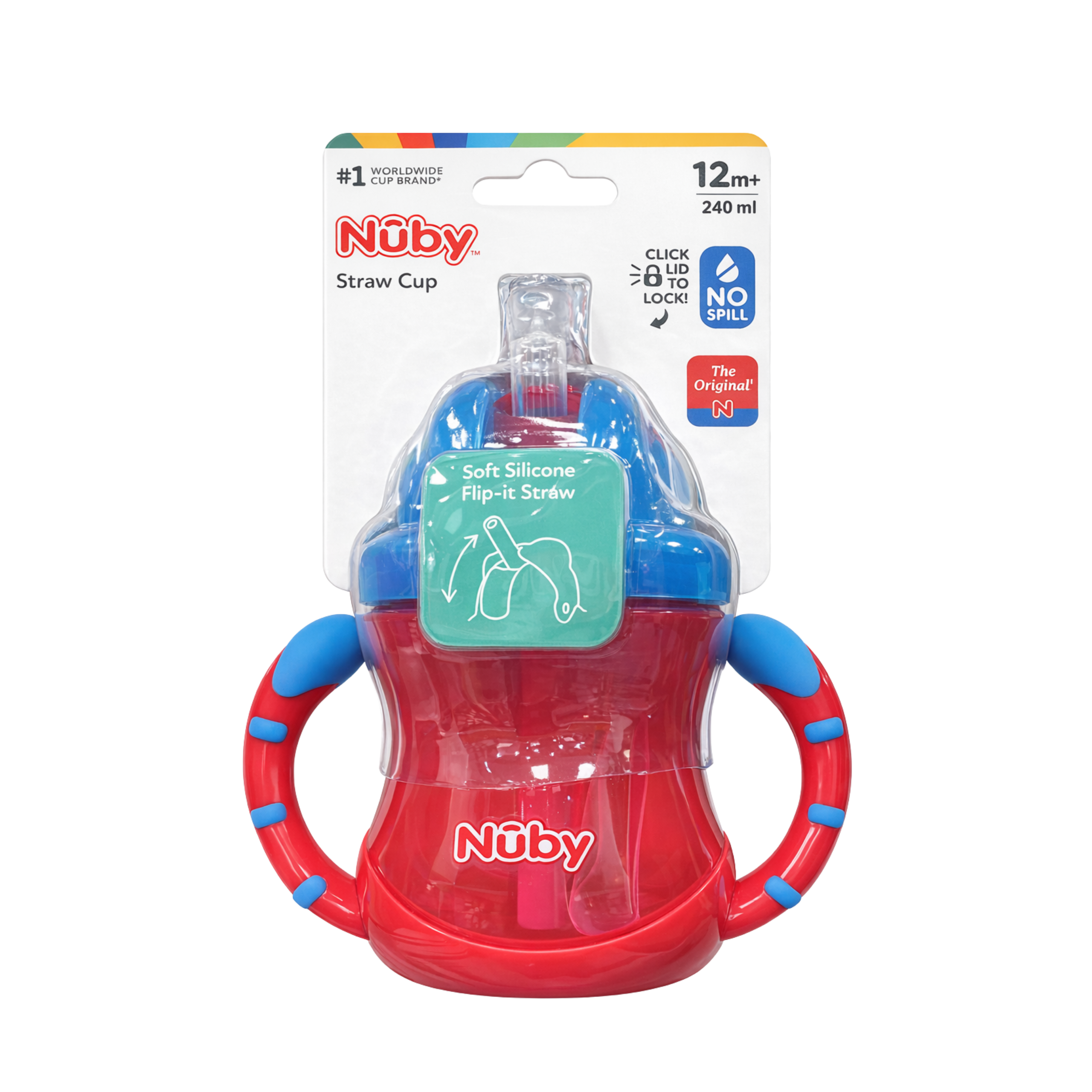 Nuby Flip N Sip Straw Sipper-With Touch Flow Valve-Easy Grip Handles-Red-270 ml