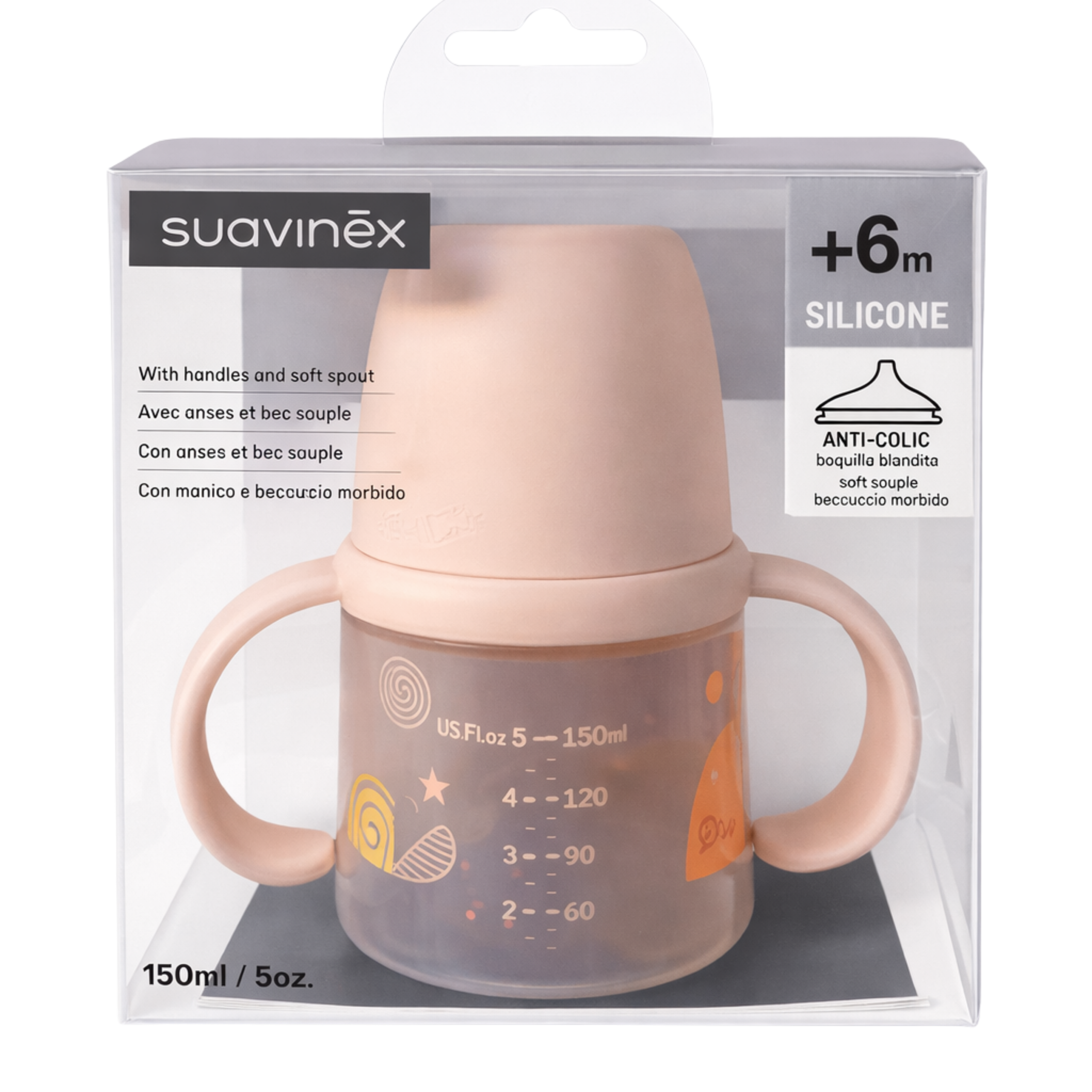 Suavinex Baby Bottle with Handles and Anti-Colic Silicone Spout - 150 ml Pink