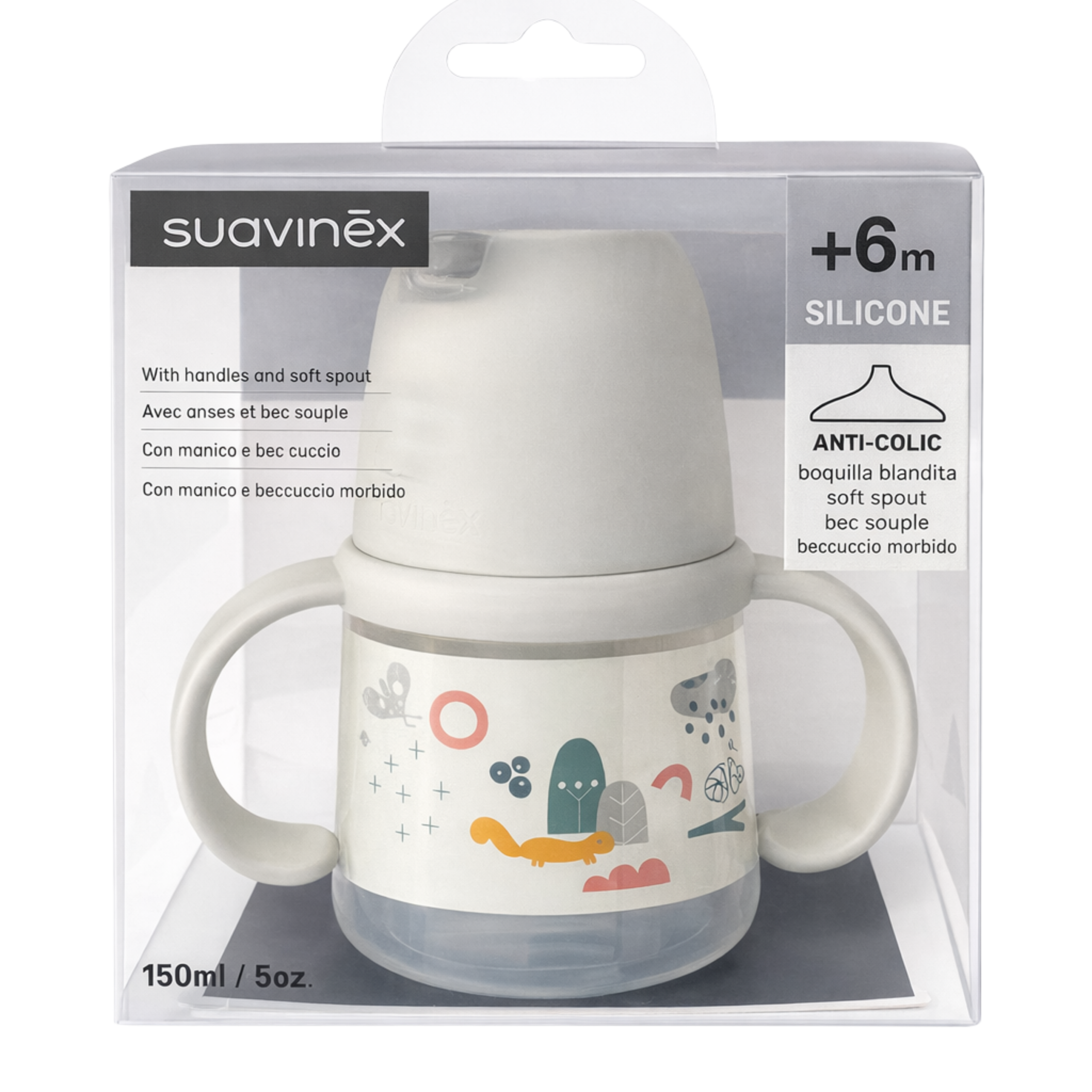 Suavinex Baby Bottle with Handles and Anti-Colic Silicone Spout - 150 ml Grise
