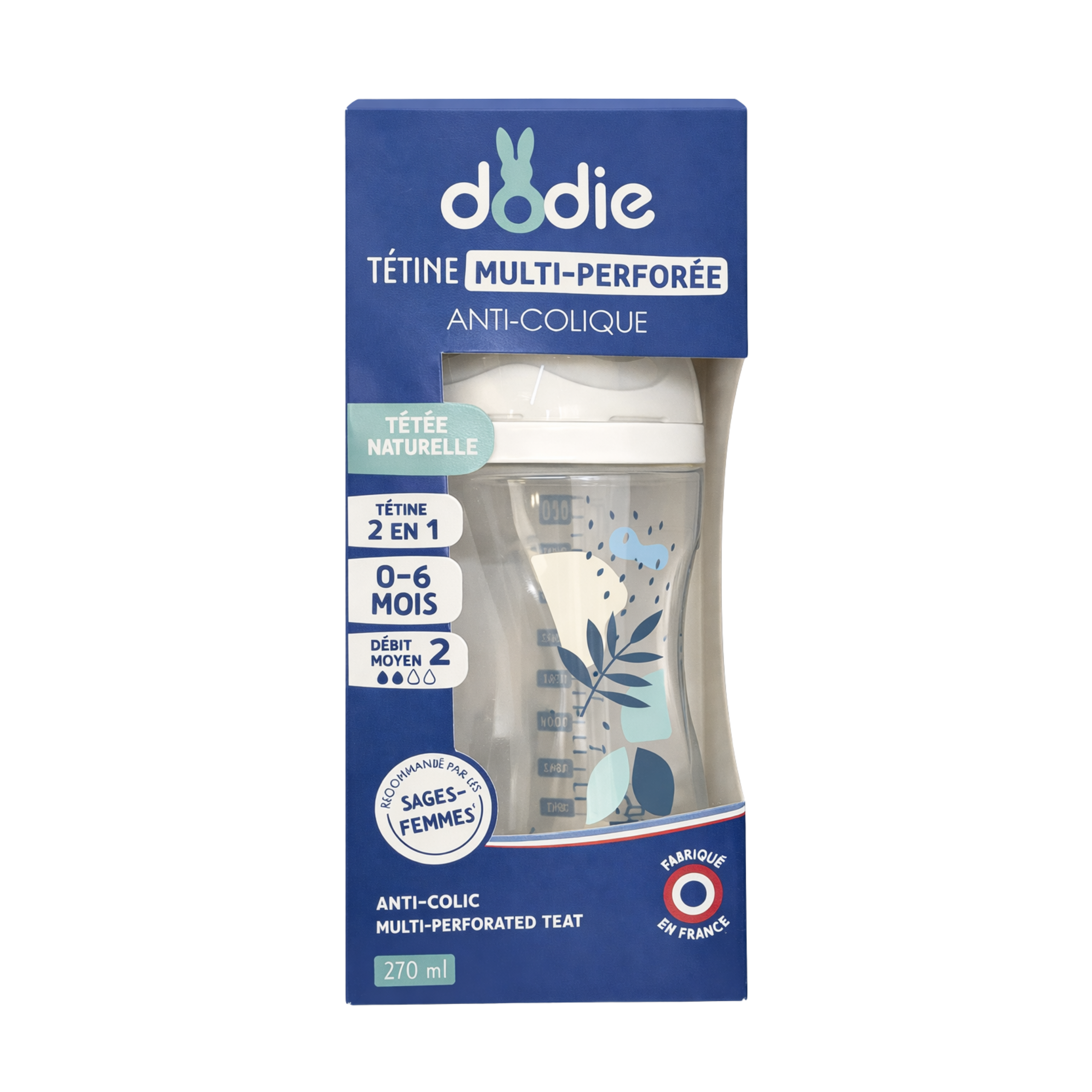 DODIE BIBERON ANTI COLIQUE D3 AVEC TETINE MULTI PERFOREE 6M+ BLEU 330ML