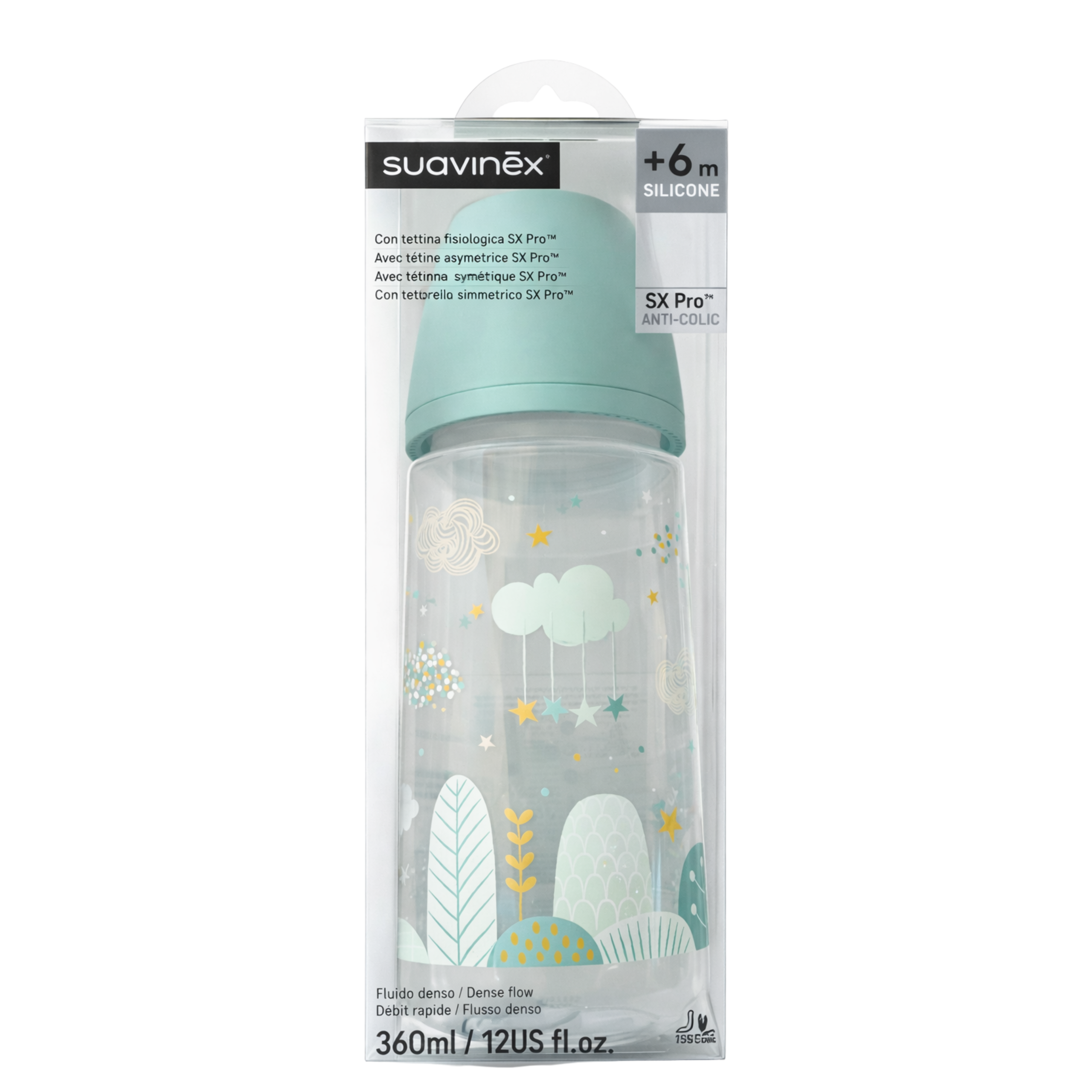 SUAVINEX BIBERON SILICONE AVEC TETINE SYMETHRIQUE SX PRO ANTI COLIC +6M DEBIT RAPID 360 ML
