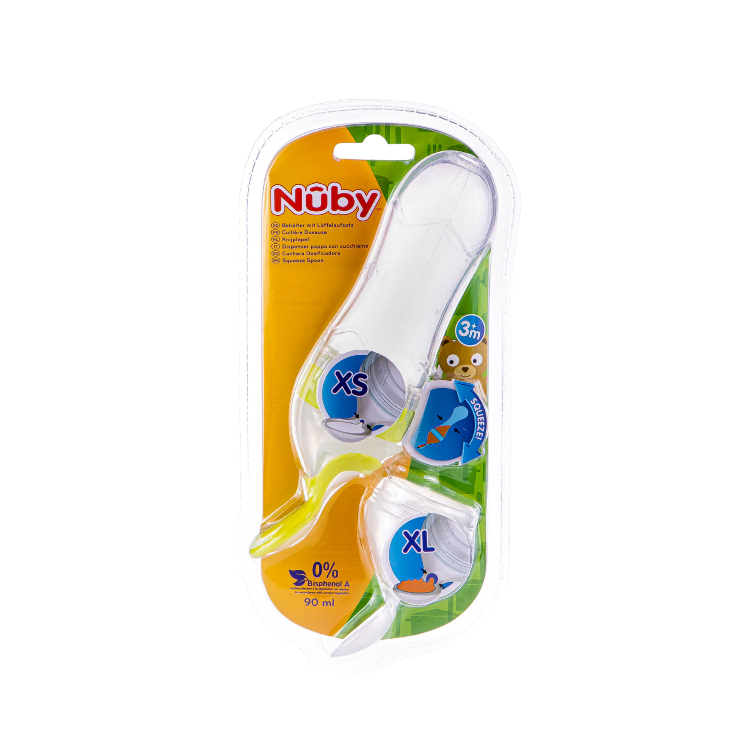 Nuby Semi-rigid silicone spoon bottle for liquid meals Yellow